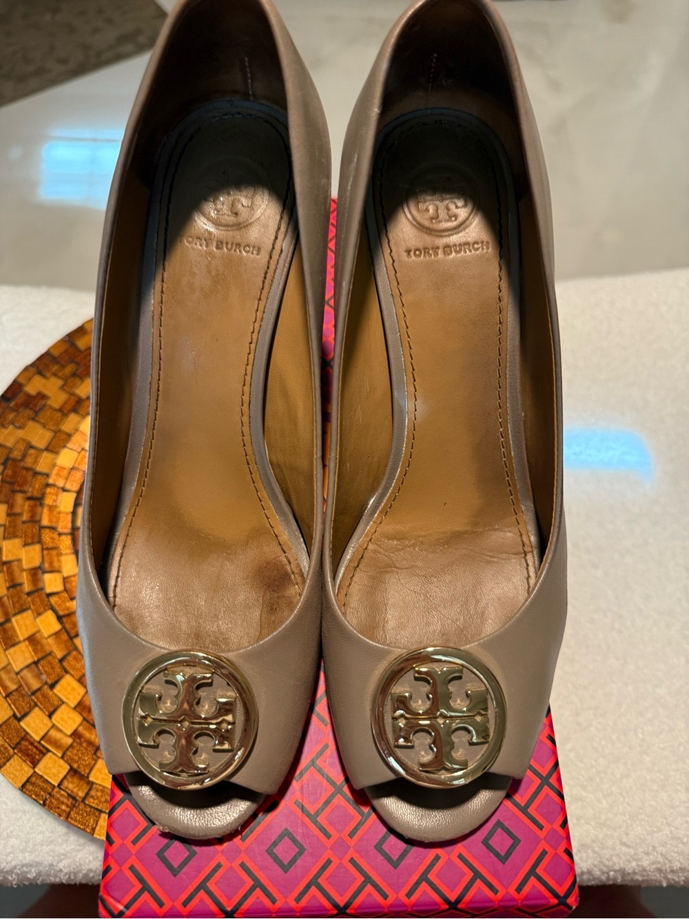 Tory Burch Taupe/French Gray Leather Peep-Toe Wedge